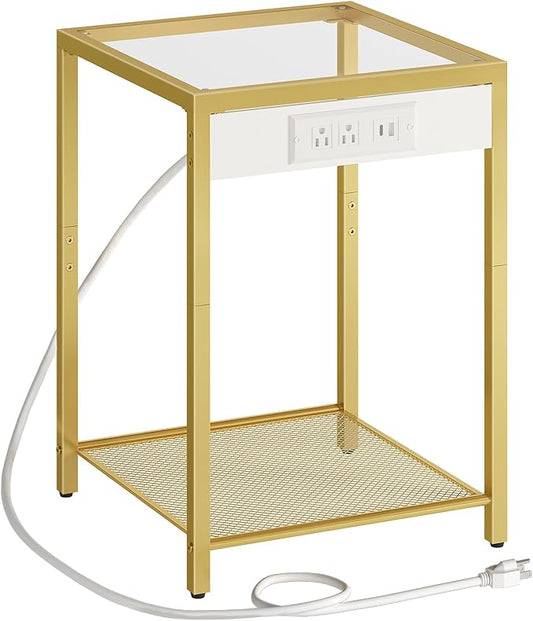 HOOBRO Side Table with Charging Station, End Table with USB Port, Nightstand for Tight Spaces, Tempered Glass, Modern Metal Frame, for Office, Bedroom, Living Room, Study, Gold GD76UBZ01