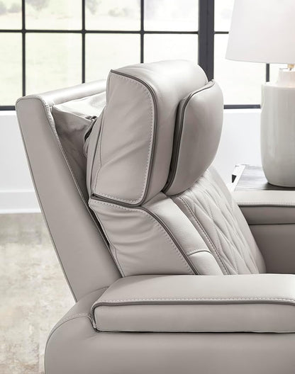 Signature Design by Ashley Boyington Contemporary Leather Match Power Reclining Sofa with USB Charging Ports, LED Lights and Adjustable Headrest, Light Gray