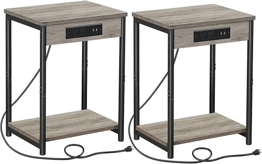 TUTOTAK Small Night Stand with Charging Station, End Table Set of 2, Side Table with USB, 21.8”H Nightstand with Storage Shelf, Sofa Couch Table TB01BG029 (2 pcs)