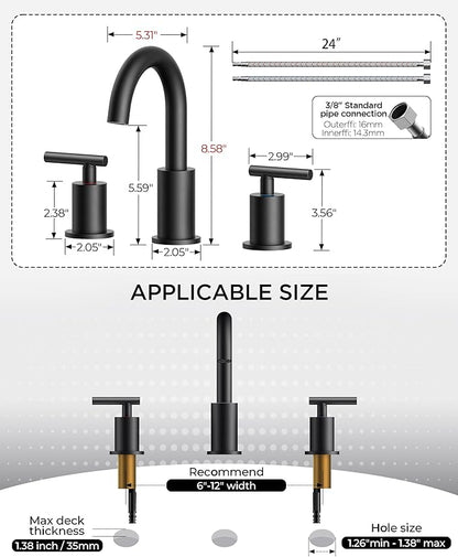 FORIOUS Bathroom Faucets 3 Hole, Matte Black Bathroom Sink Faucet 3 Hole Vanity with 360° Swivel Spout, Suitable for 8 Inch Widespread Sink with Metal Pop-up Drain and cUPC Supply Line, Commercial