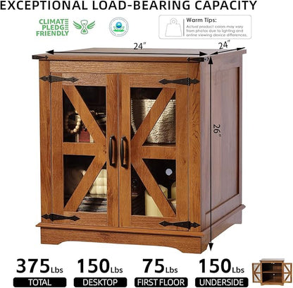 Farmhouse End Table, 24" Large End Tables with Storage, Rustic Square Sofa Beside Table with Glass Barn Door, Wood Side Table Square Nightstand for Living Room, Bedroom, Office (Vintage Brown)
