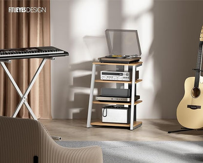 FITUEYES Design 4-Tier AV Media Stand Corner Shelf Stand Wooden Corner Shelves Component Cabinet Stereo Rack Audio Tower with Height Adjustable Wooden Shelves for ps4 (White Oak)