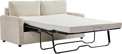 Reversible Sleeper Sofa Bed with Comfortable Memory Foam Mattress, Convertible Corduroy Full Size Pull Out Couch for Living Room, Space Saving Furniture, 70" Wide, Rectangular Arms, Ivory