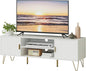 TV Stand for 55 65-inch TV, Entertainment Center with Soft Hinge Door,TV Console Table with 2 Cabinets with Gold Handle and Feet,for Living Room, Bedroom, White