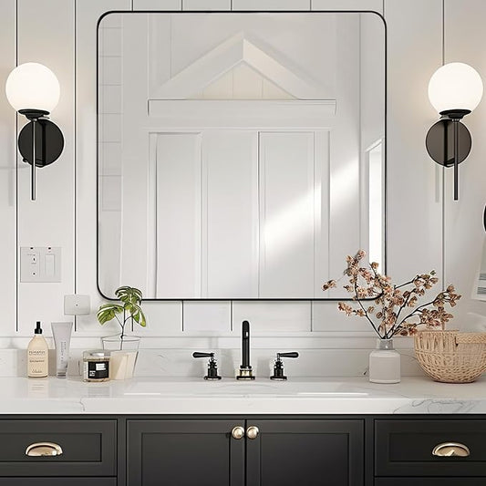 ANDY STAR Square Wall Mirror for Bathroom, 24”x24” Matte Black Bathroom Mirror, Rounded Corner Metal Mirror in Premium Stainless Steel Frame Hangs Horizontal Or Vertical