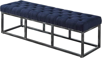 24KF Upholstered Tufted Long Bench Seats with Metal Frame Leg, Linen Bench Ottoman with Padded Seat-Navy Blue
