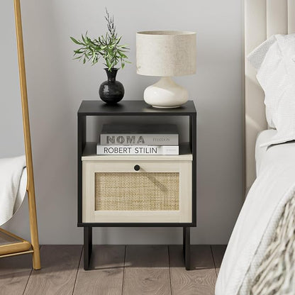 Masupu Boho Night Stand, Small Rattan Side Table, Wood Nightstand with Drawer and White Oak Shelf, Bedside Table, End Table for Bedroom,Living Room,Office (Black Frame)