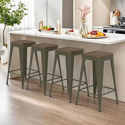 26 inch Backless Bar Stools Set of 4, Indoor Metal Bar Stools with Wood Seat, Industrial Counter Height Barstools for Kitchen Island, Rusty