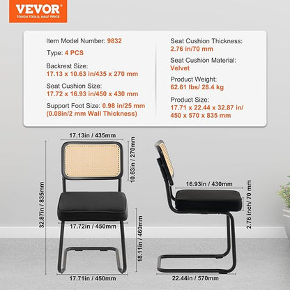 VEVOR Rattan Dining Chairs Set of 4, Mid Century Modern Dining Chair, Upholstered Velvet Accent Chair with Rattan Back, Retro Dining Room Kitchen Chair for Living Room, Bedroom (18.1 Inch)
