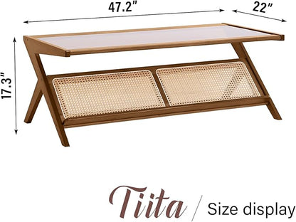 Tiita Rattan Coffee Table, Bamboo Accent Bedside Tables, Glass Nightstand Side Table, Boho Wooden End Table with Storage for Living Room,Living Room, Dining Room, Tea, Home Décor