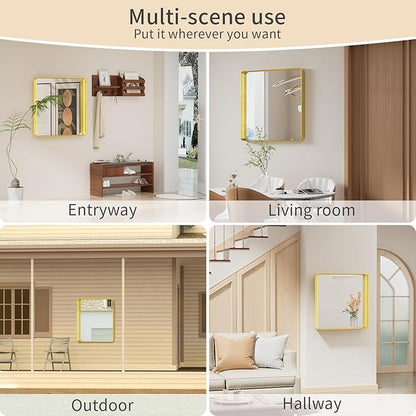 Koonmi Gold Wall Mirror for Bathroom, 30x30 Inch Matte Deep Framed Rounded Rectangle Vanity Mirror for Farmhouse Living Room, Tempered Glass, Anti-Rust, Vertically or Horizontally