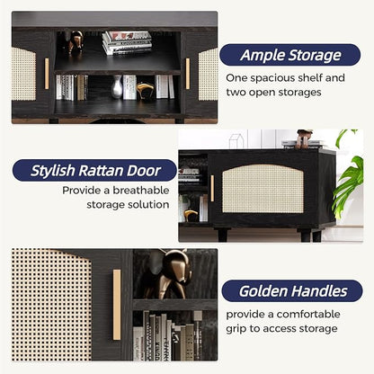 TV Stand for TVs up to 60", Modern Entertainment Center with 2 Rattan Doors, TV Cabinet with Solid Wood Legs & Golden Handles, TV Media Console Table for Living Room, Black & Wood