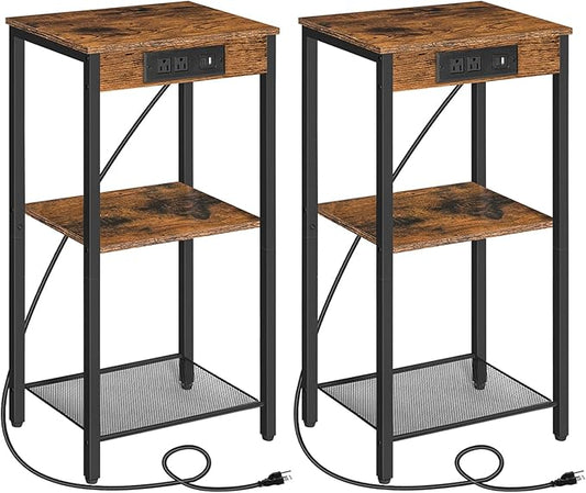 HOOBRO Tall End Tables with Charging Station, Set of 2, 30 Inch Tall Nightstands, 3-Tier Side Tables with Storage Shelves, for Living Room, Bedroom, Hallway, Rustic Brown BF09UDHP201G1