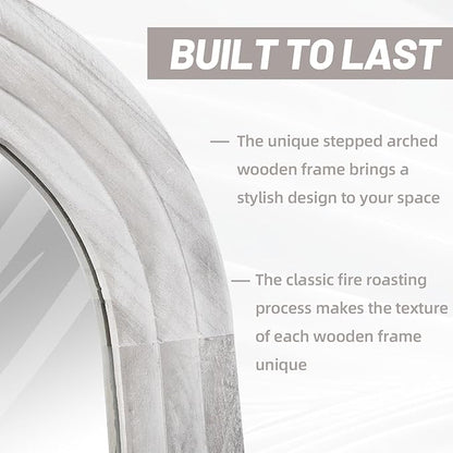 Arched Full Length Mirror with Solid Wood Frame, 65x22 Farmhouse Wall Mirror Full Length with Stand, Vertical Hanging, Leaning Standing for Bedroom, Living Room, Rustic White