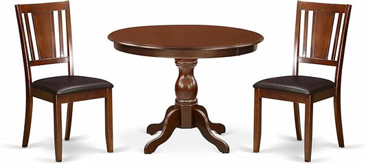East West Furniture HBDU3-MAH-C 3 Piece Dining Set Contains a Round Dining Room Table with Pedestal and 2 Linen Fabric Upholstered Kitchen Chairs, 42x42 Inch, Mahogany