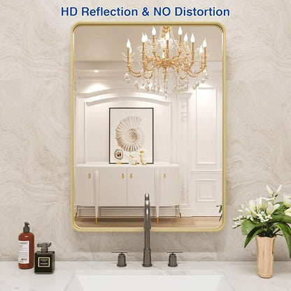 WEER Gold Bathroom Mirror, 22X30 Inch Brushed Gold Metal Frame Mirror, Rounded Rectangle Gold Bathroom Vanity Mirror for Wall, Tempered Glass, Anti-Rust, Hangs Horizontally or Vertically