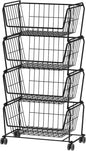 PUSDON Stackable Metal Storage Carts, Dual Use Shelf for Kitchen Fruit Vegetable Baskets with Wheels, Storage Rack for Living Room, Home & Office, Standard Black 4 Tiers