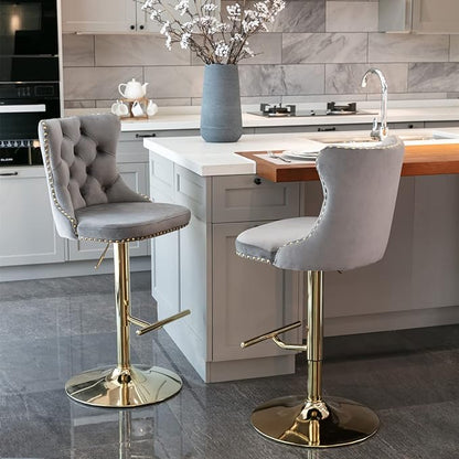 PacknWood Acosure Golden Swivel Velvet Barstools Adjusatble Seat Height from 25-33" with Comfortable Tufted,Modern Upholstered Chrome Base Bar Chairs,for Home Pub Kitchen,Gray,Set of 2