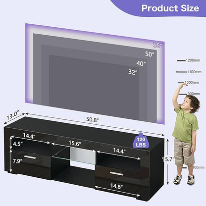 55" TV Stand for Living Room, High-Gloss Entertainment Center for 55 Inch TV, Spacious Storage Cabinet for Living Room & Bedroom (Black)