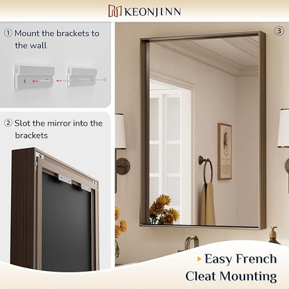 Keonjinn 42 x 36 Inch Brushed Bronze Bathroom Mirror, Rectangle Framed Vanity Mirror for Wall, Large, Modern Farmhouse, Square Corner Bronze Mirrors(Horizontal/Vertical)