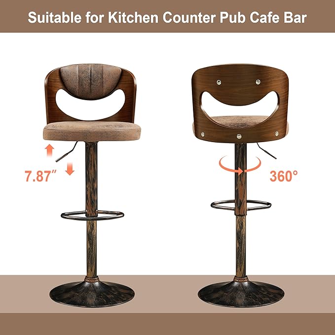 VECELO Bar Stools Set of 2,Kitchen Island Stools with Bentwood Back,Arm&Footrest,Counter Height Stools PU Leather Adjustable Height,Swivel Bar Chairs for Club Pub Dining Room,Dark Brown