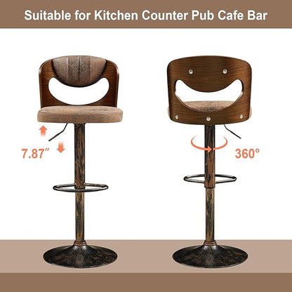 VECELO Bar Stools Set of 2,Kitchen Island Stools with Bentwood Back,Arm&Footrest,Counter Height Stools PU Leather Adjustable Height,Swivel Bar Chairs for Club Pub Dining Room,Dark Brown