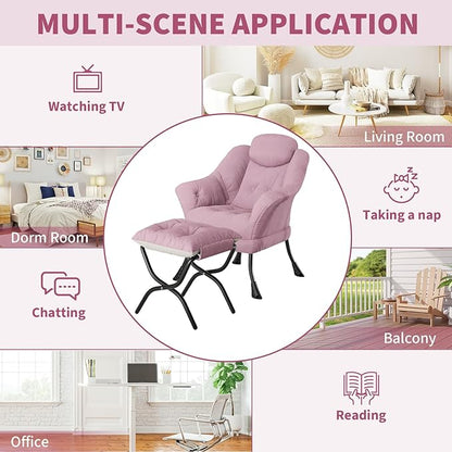 IDEALHOUSE Lazy Chair with Ottoman - Modern Living Room Chairs for Small Spaces, Ergonomic Reading Chair with Armrests, Comfy Chair with Ottoman for Bedroom & Living Room, Pink