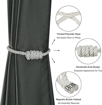 BEL AVENIR Magnetic Curtain Tiebacks, Decorative Drapery Holdbacks Modern Woven Tie-Backs with Exquisite Knot (White, 2 Pack)