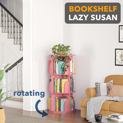 SpaceAid 3 Tier Rotating Bookshelf Tower, Spinning Bookcase Lazy Susan, Revolving 360 Book Shelf Storage Round Carousel, Vertical Rotate Turning Spiral Corner Organizer, Pink