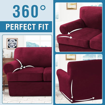 H.VERSAILTEX Sofa Cover 4 Piece T Cushion Sofa Slipcovers Thick Velvet Couch Cover Furniture Protector Stretch T Cushion Sofa Covers for 3 Cushion Couch with 3 Individual T Cushion Covers, Burgundy