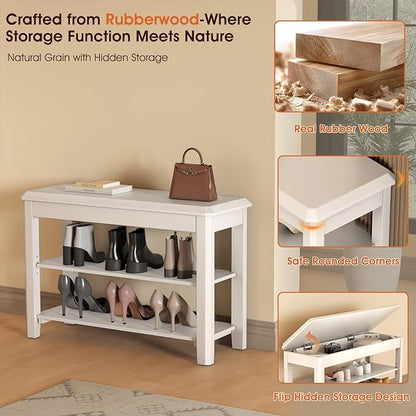 Shoe Rack Bench Seat Rubberwood 2-Tier Wooden Storage Bench 550lbs Compact Mid-Century Modern Design for Entryway, Hallway, Closet, Front Door Entrance, Foyer