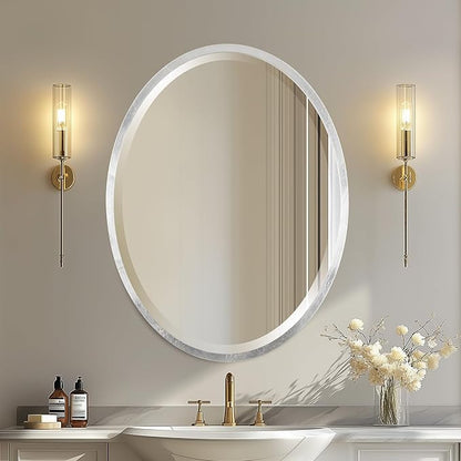 OVALCREST - Oval Wooden Beveled Wall Mirror for Home Decor, Bathroom, Vanity, Bedroom, Living Room, Hallway - London Style (Silver Leaf with Brown Antique) 17.1 x 21.1