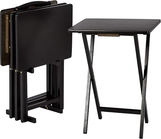 Amazon Basics Portable TV Dinner 4-Pack Rectangular Folding Tray Table with Storage Rack, Black, 15" x 19" x 26"