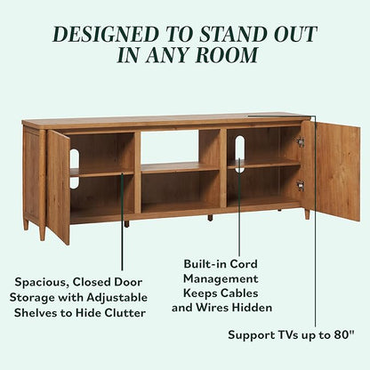 Walker Edison Flynn Scandinavian Reeded TV Stand with Open Storage for up to 80" TV, English Oak