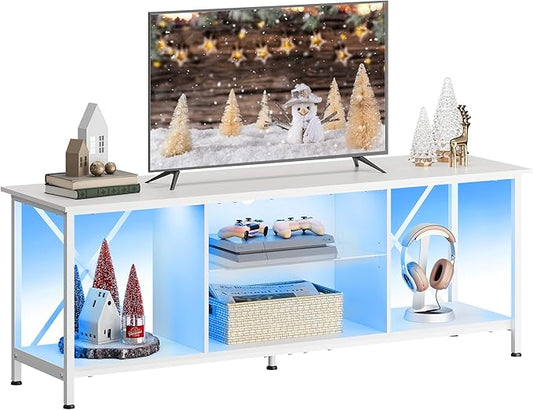 WLIVE TV Stand up to 65 Inch TV, 55" Entertainment Center with LED, Industrial TV Console with Glass Shelf for Living Room and Bedroom, White