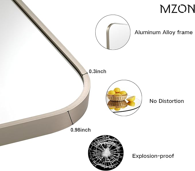 MZON 16x20Inch Brushed Nickel Bathroom Mirror, Rectangle Wall Mounted Mirror for Bathroom or Dresser, Anti-Rust Frame&Tempered Glass, Hangs Horizontally/Vertically - Space-Saving Modern Decor