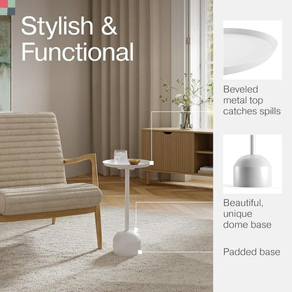 Round Metal Drink Table, Pedestal Drink Desk, Modern Home, Bedroom, and Living Room Furniture, Versatile Small Metal Side Table with Dome Base and Beveled Top (White Pedestal Stand)