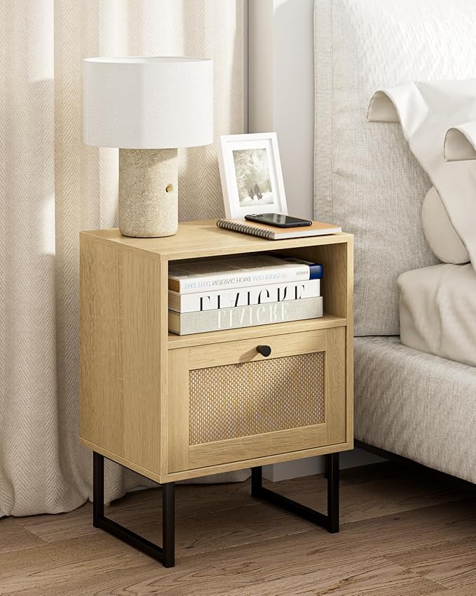 Masupu Rattan Nightstand,Modern Boho Farmhouse Wood Bedside Table with Storage Drawer and Open Shelf,Small Black Frame Side End Table for Bedroom,Living Room,Office (Natural)