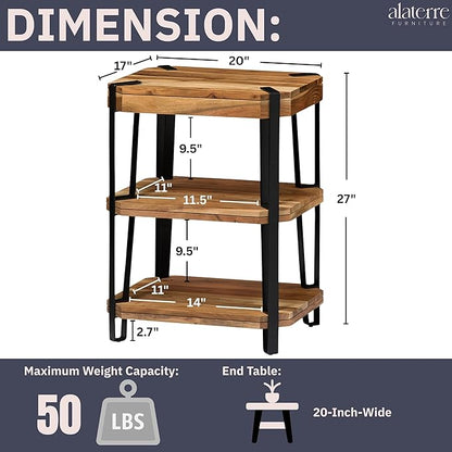 Ryegate 3-Tier End Table with Storage “ Live Edge Solid Acacia Wood Side Table with Industrial Metal Frame and 2 Open Lower Shelves for Living Room, Bedroom, Entryway by Alaterre Furniture