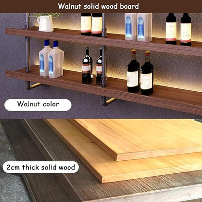 70.8in Large Wine Rack with LED Light Solid Wood Wall Mounted Wine Rack, 3-Tiers Liquor Bottles Floating Shelves Display Storage Organizer for Home Bar & Dining Room (180cm/70.8in)