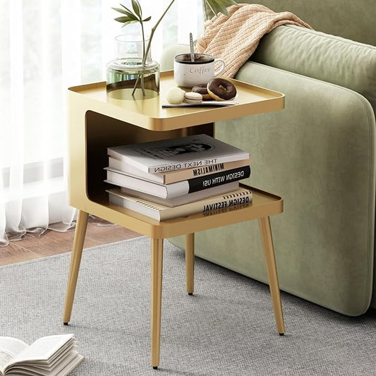 Gold Nightstand with Storage, 2 Tier Small End Tables Bedroom, Modern Side Tables Living Room with 4 Legs, Square Accent Table for Small Spaces Indoor Outdoor, Easy Assembly