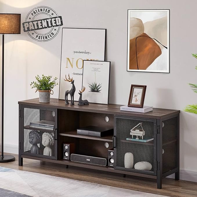 FATORRI Industrial Entertainment Center for TVs up to 55 60 65 Inch, Rustic Wood TV Stand, Large TV Console Cabinet with Doors for Living Room (60 Inch Wide, Walnut Brown)