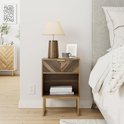 Masupu Nightstand,Modern Night Stand Boho Farmhouse Wood Bedside Table with Storage Drawer Side End Table for Bedroom,Living Room,Office,Walnut Brown