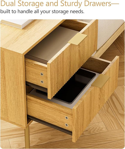 Masupu Night Stand,Mid-Century Modern Bedside Table with 2 Storage Drawer,Small Gold Frame Side End Table for Bedroom,Living Room, Natural