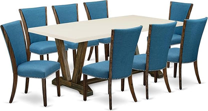 East West Furniture V727VE721-9 9 Piece Dining Set Includes a Rectangle Dining Room Table with V-Legs and 8 Blue Color Linen Fabric Upholstered Parson Chairs, 40x72 Inch, Multi-Color