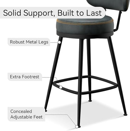 Counter Height Bar Stools, 26" H Swivel Barstools Set of 8, Faux Leather Kitchen Counter Stools with Back and Stylish Stitching, Metal Frame, Pub, Home Bar, Balck Green