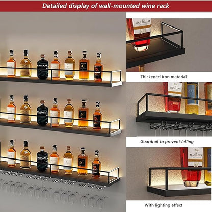 55in Wall-Mounted Metal Wine Rack with LED Lights 3-Tier Floating Bar Shelves with Wine Glass Rack Large Wine Bottle Display Rack Hanging Shelf, for Home Bar Dining Room Decorative (black, 140cm/55in)