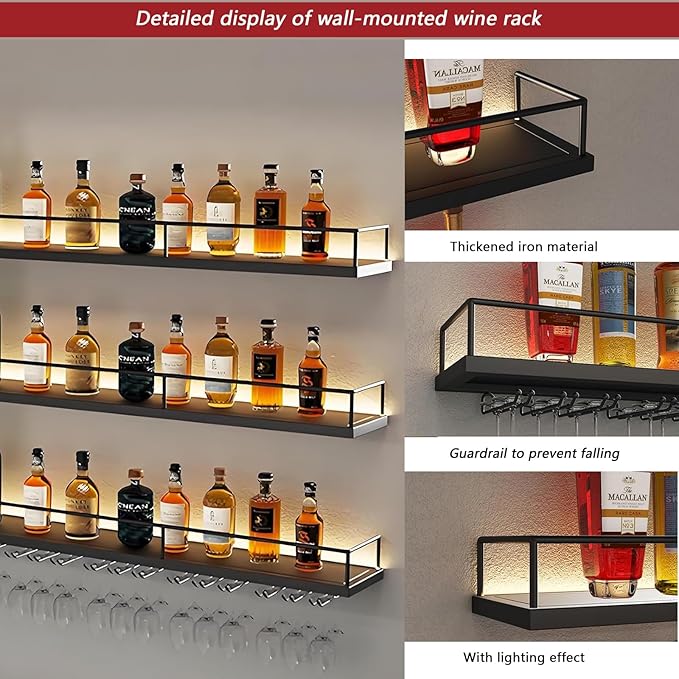 Wall-Mounted Metal Wine Rack with LED Lights 3-Tier Floating Bar Shelves with Wine Glass Rack Large Wine Bottle Display Rack Hanging Shelf, for Home Bar Dining Room Decorative (Gold, 100cm/39.3in)