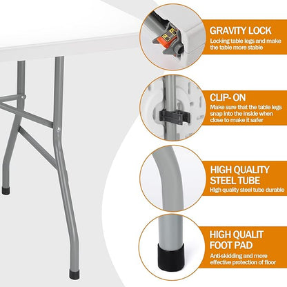Folding Table 6ft Plastic Folding Table Indoor & Outdoor for Picnic, Camping,BBQ and Party, with Powder Coated Steel Legs and Built in Carry Handle, White