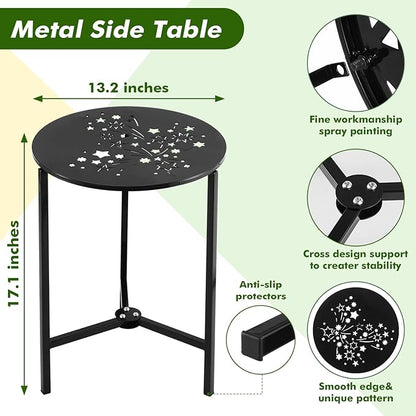1 Pack 13" Metal Outdoor Side Tables Small Black Outside End Table for Patio Round Accent Corner Stand for Small Spaces Weather-Resistant Coffee Table for Balcony Porch Plant Stand, Starlight Pattern